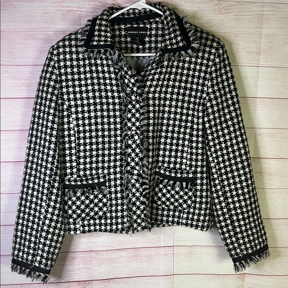 Robert Louis Black White Houndstooth Tweed Ruffle Trim Blazer MEDIUM